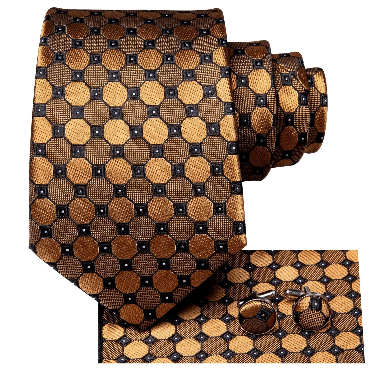 Golden Plaid Silk Tie, Pocket Square and Cufflinks - SOPHGENT