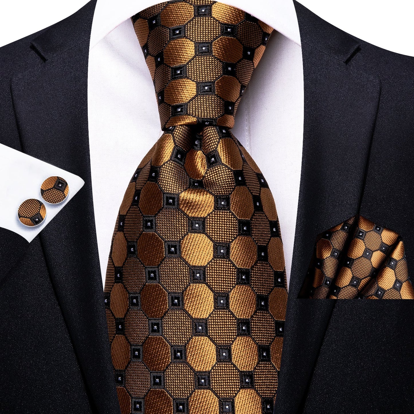 Golden Plaid Silk Tie, Pocket Square and Cufflinks tie sets Extra Long Length - 63"(160cm) - Sophisticated Gentlemen