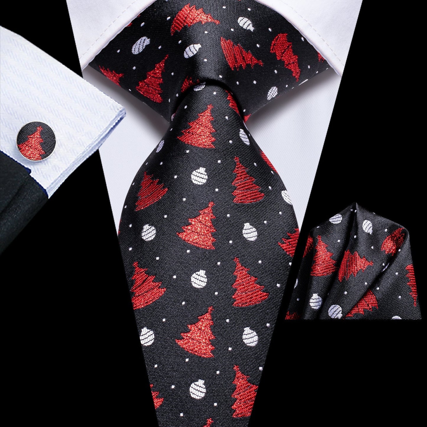 Christmas Balls and Trees Tie, Pocket Square and Cufflinks in Black tie sets Standard packaging - Sophisticated Gentlemen