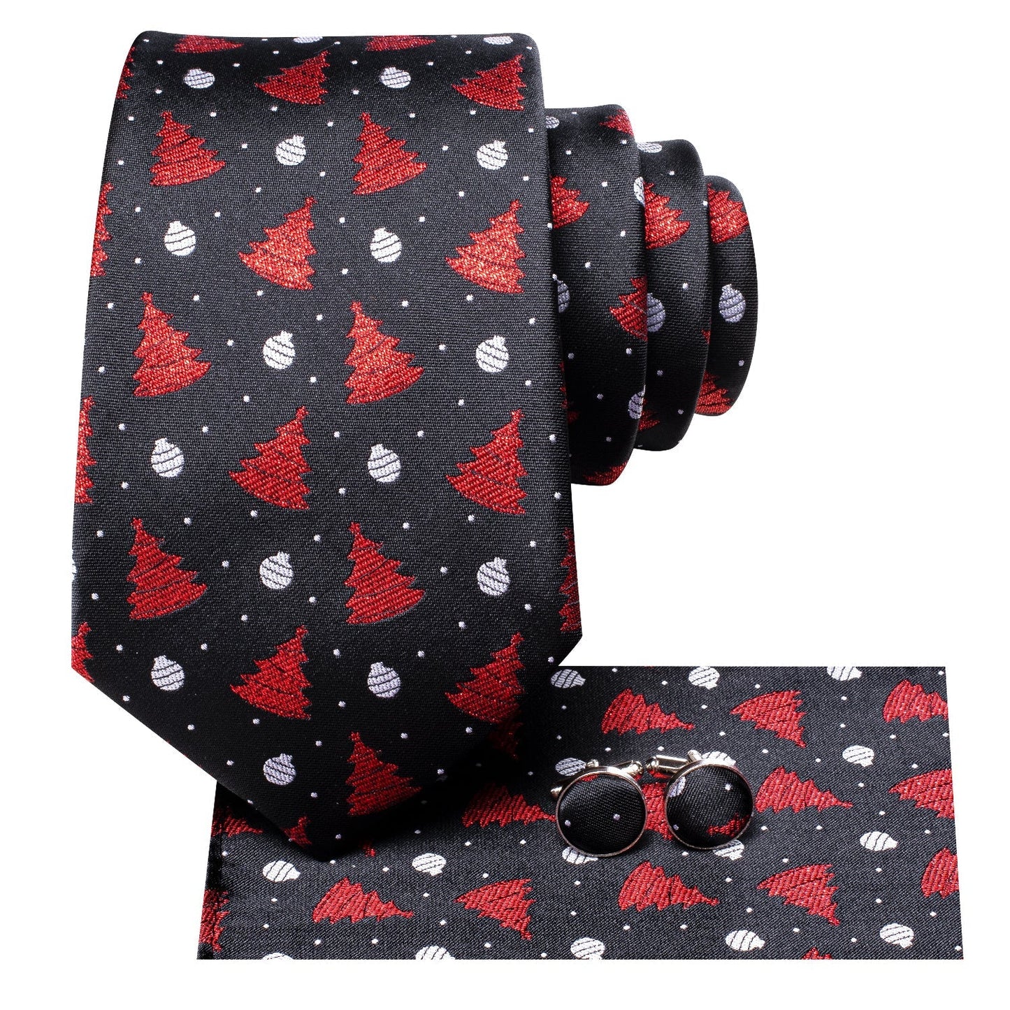 Christmas Balls and Trees Tie, Pocket Square and Cufflinks in Black tie sets - Sophisticated Gentlemen