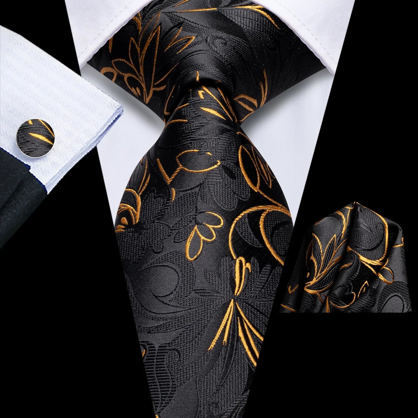 Black and Gold Floral Tie, Pocket Square and Cufflinks tie sets Standard packaging - Sophisticated Gentlemen