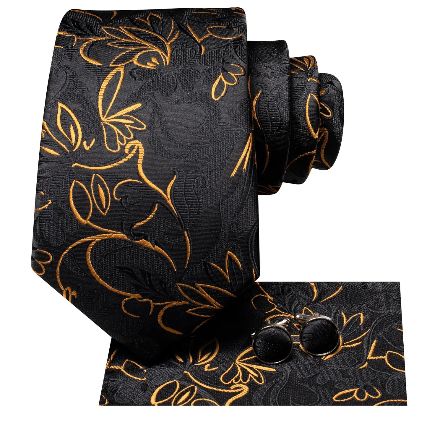 Black and Gold Floral Tie, Pocket Square and Cufflinks tie sets - Sophisticated Gentlemen