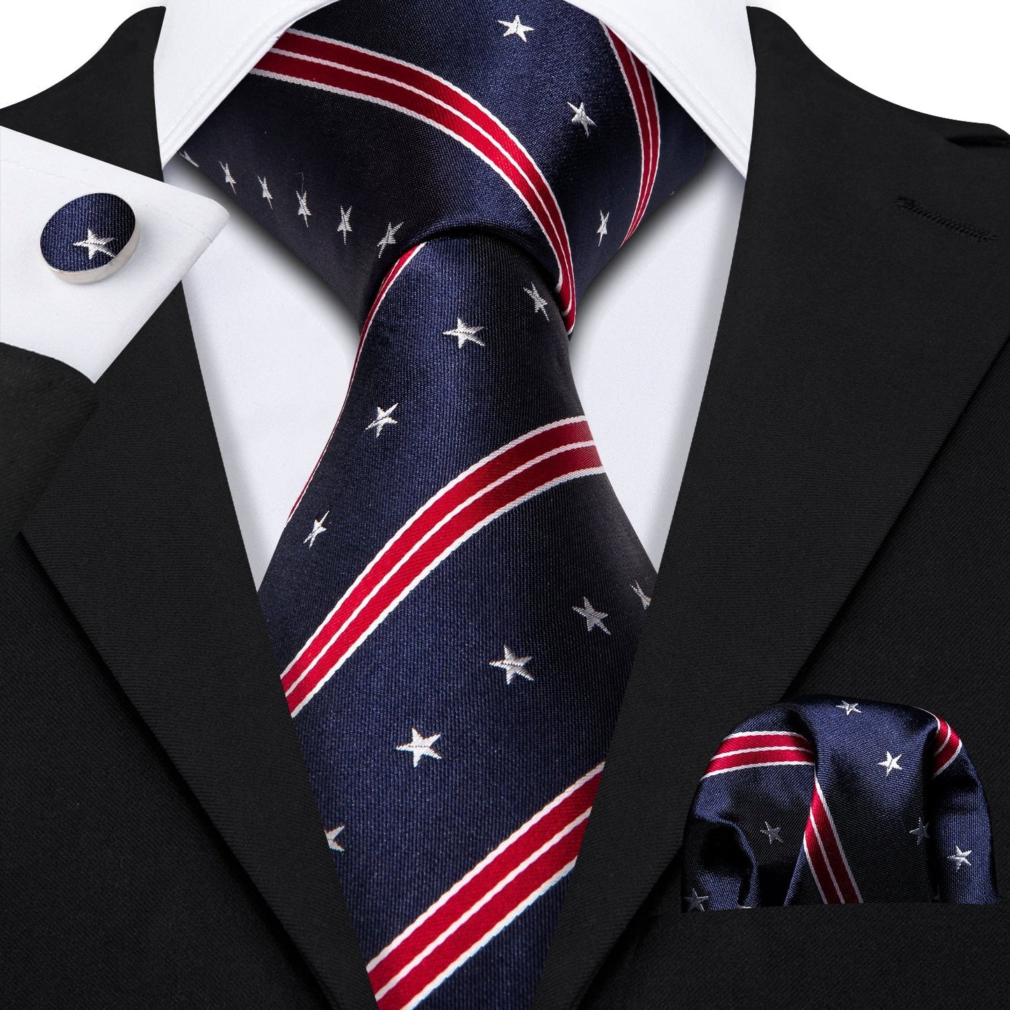 Navy Blue Striped Stars Tie Set tie set Standard Packaging - Sophisticated Gentlemen
