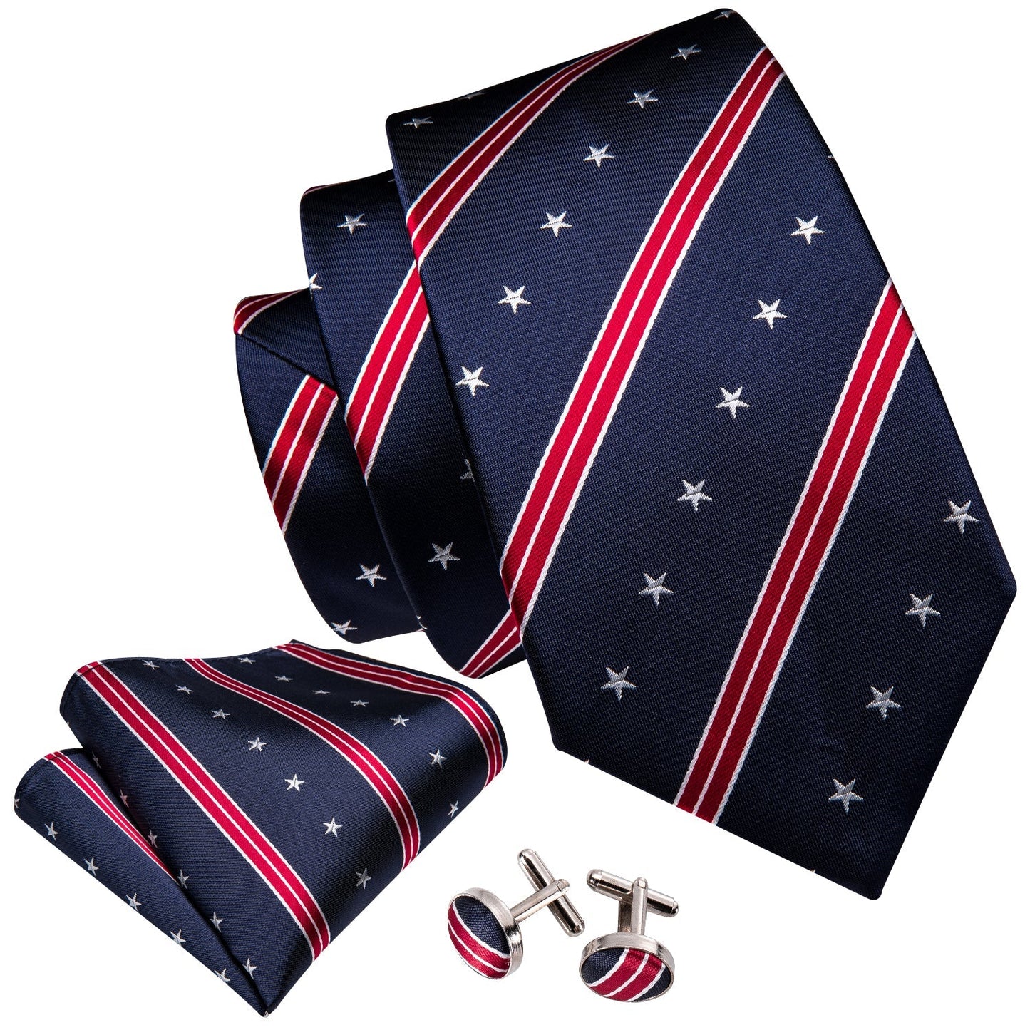 Navy Blue Striped Stars Tie Set - SOPHGENT