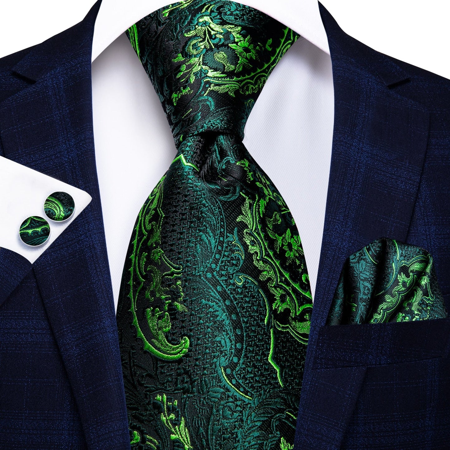Dynamic Green Tie, Pocket Square and Cufflinks tie sets Standard Packaging - Sophisticated Gentlemen