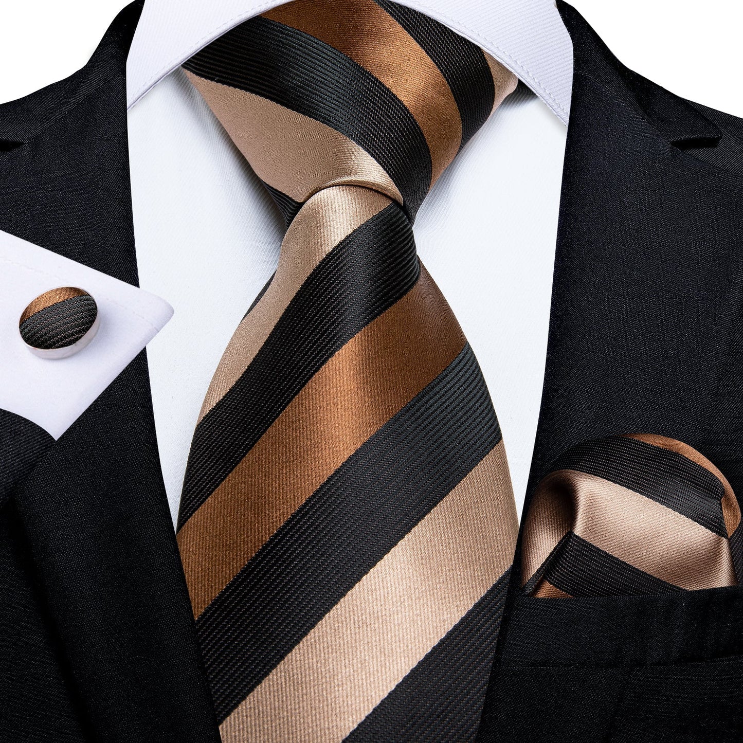 Silver, Brown and Black Striped Tie Set - SOPHGENT