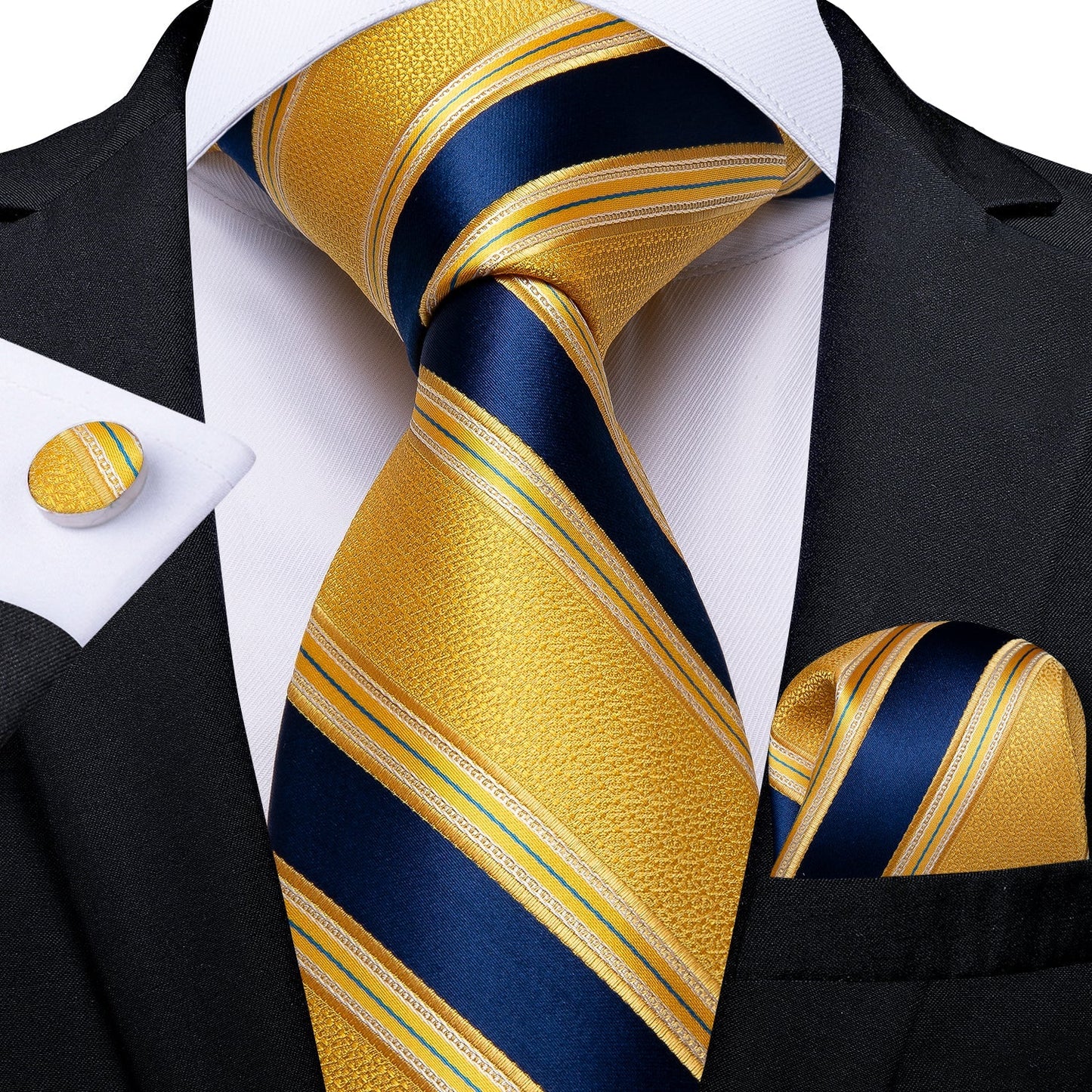 Yellow and Blue Striped Silk Tie Set tie set Standard Packaging - Sophisticated Gentlemen