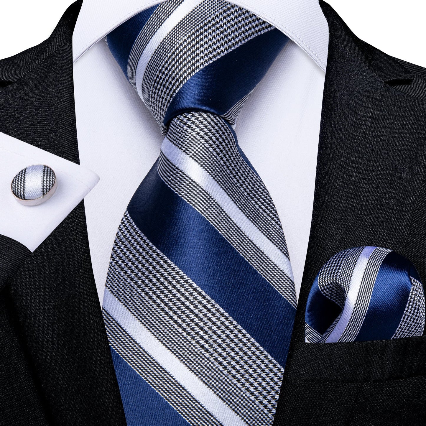 Royal Blue and Gray Striped Tie, Pocket Square and Cufflinks tie sets - Sophisticated Gentlemen