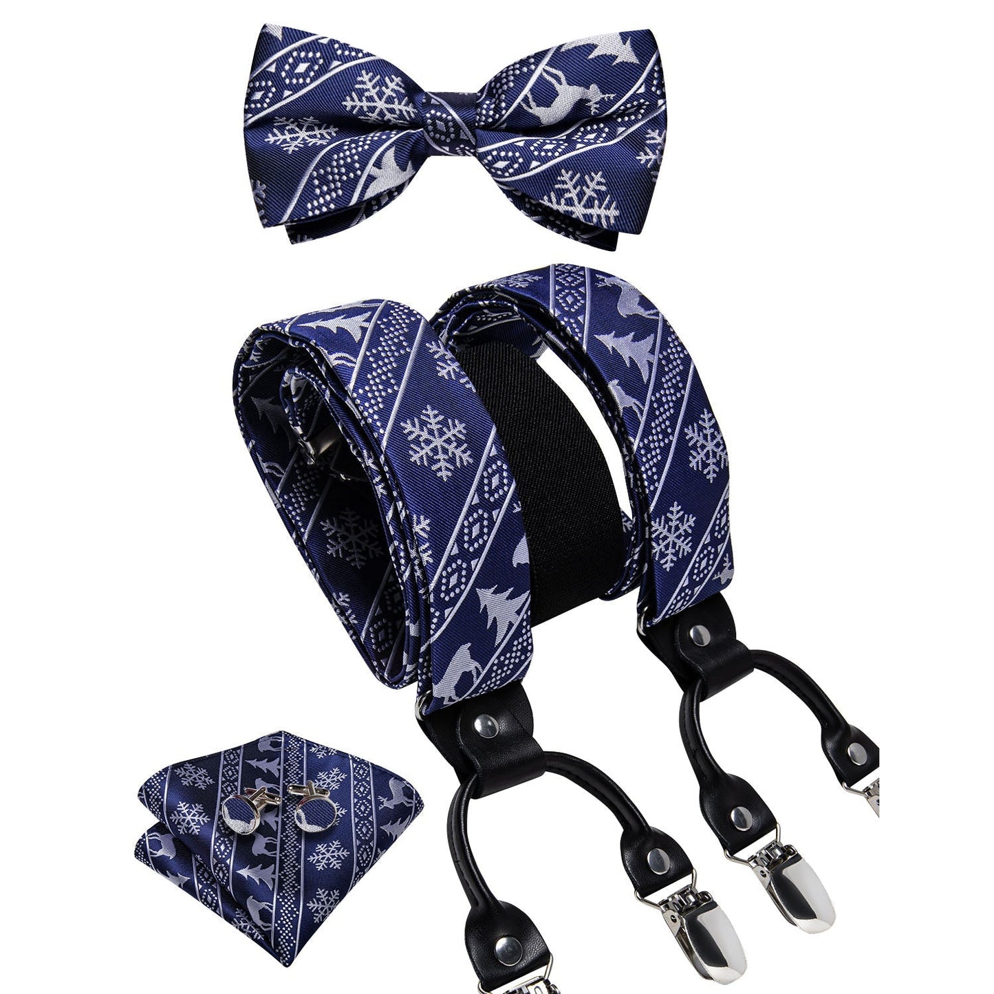 Ugly Christmas Sweater Bow Tie and Suspenders Set in Blue bow tie - Sophisticated Gentlemen