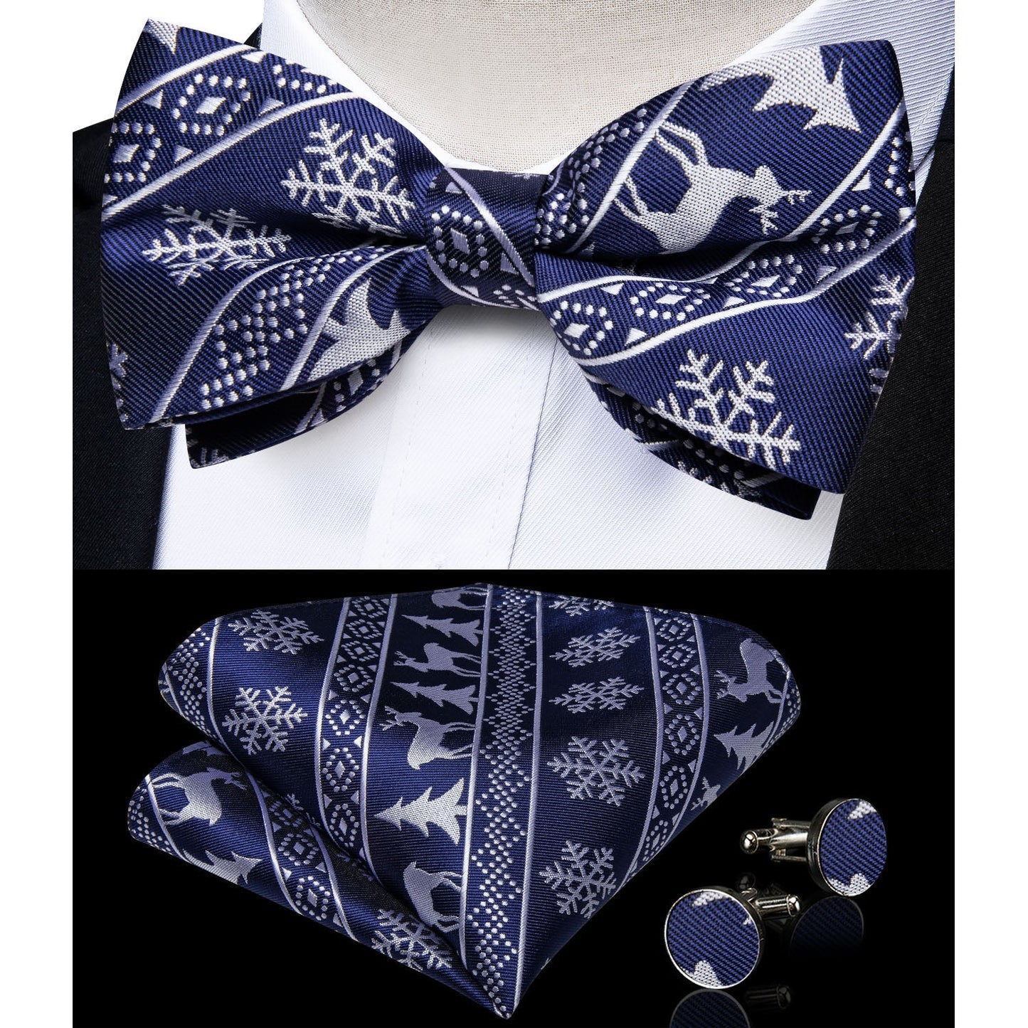 Ugly Christmas Sweater Bow Tie and Suspenders Set in Blue bow tie - Sophisticated Gentlemen