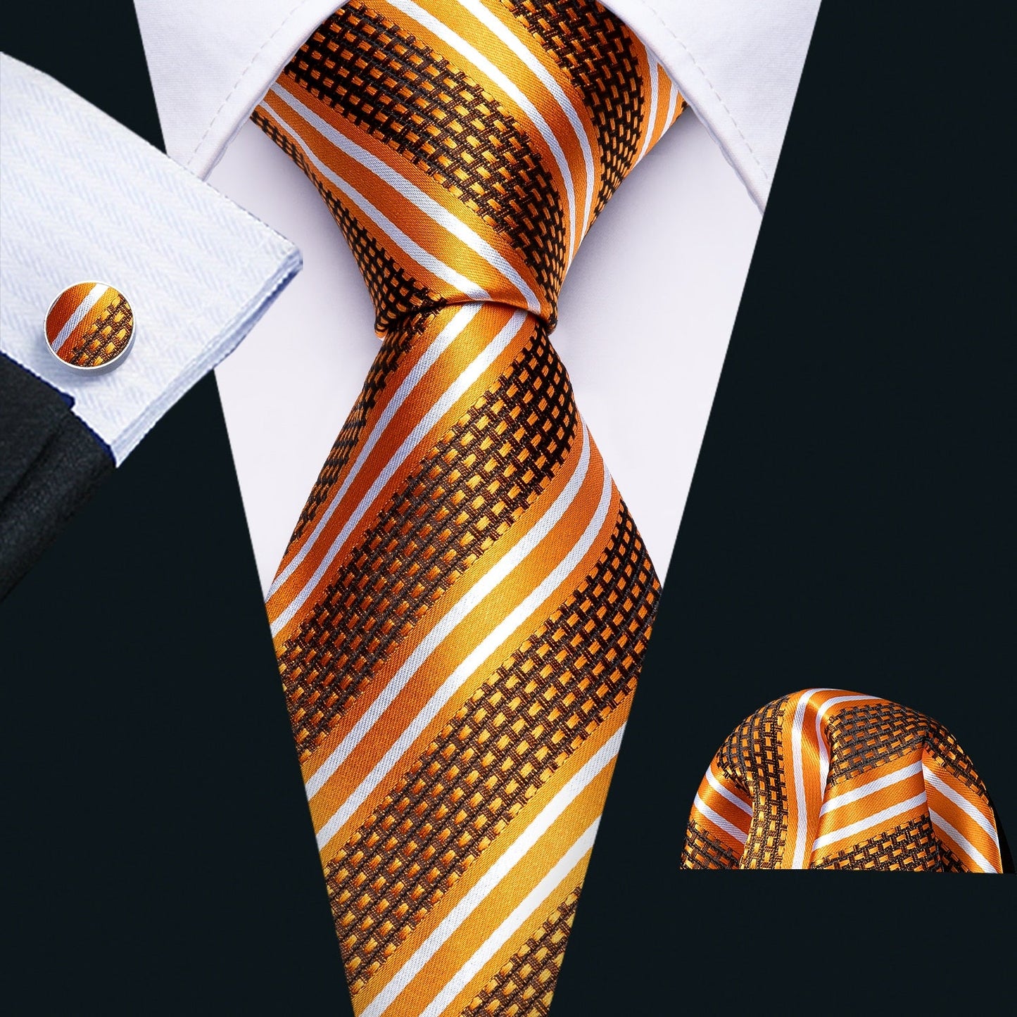 Gold Striped Premium Silk Tie, Pocket Square and Cufflinks - SOPHGENT