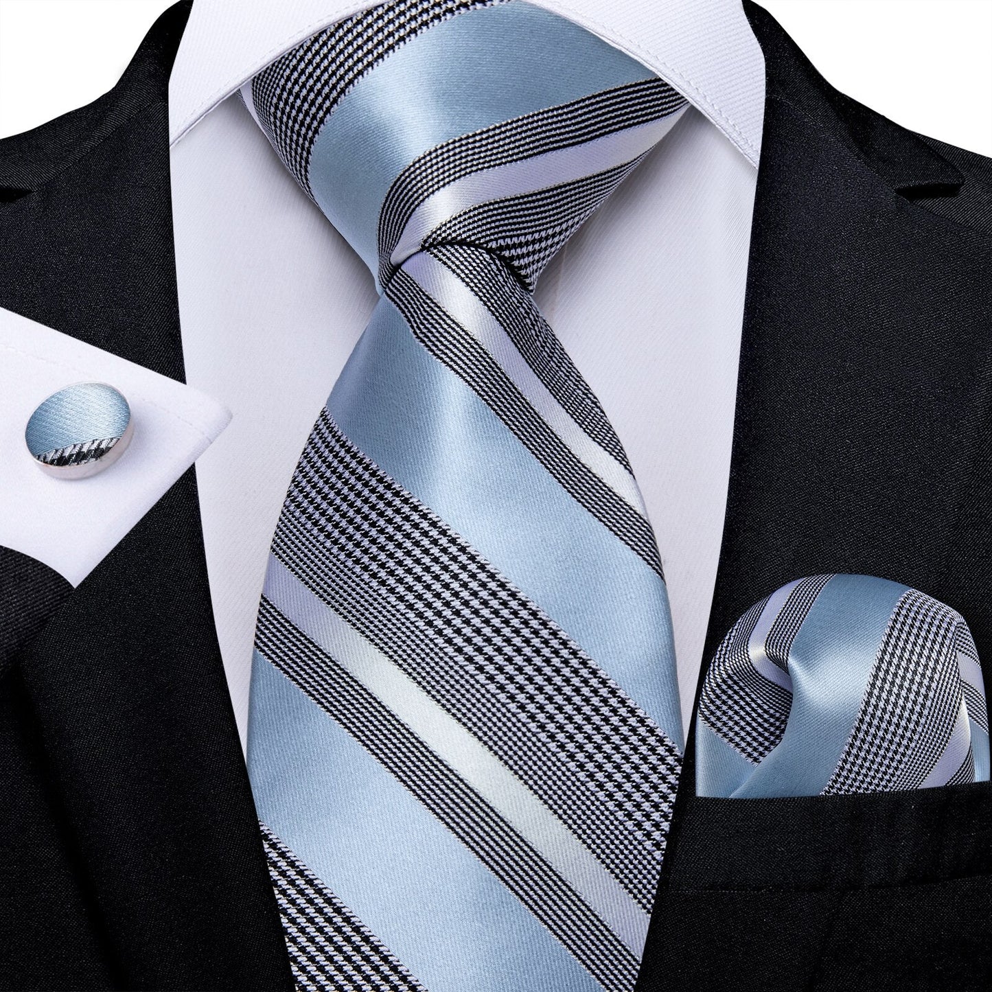 Baby Blue Stripes Silk Tie, Pocket Square and Cufflinks tie sets Standard packaging - Sophisticated Gentlemen