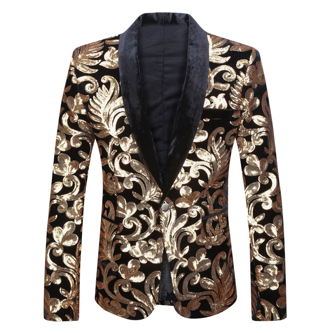 Gold and Black Sequins Velvet Tuxedo Jacket Blazers - Sophisticated Gentlemen