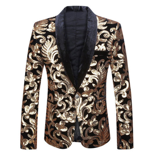 Gold and Black Sequins Velvet Tuxedo Jacket Blazers    - Sophisticated Gentlemen