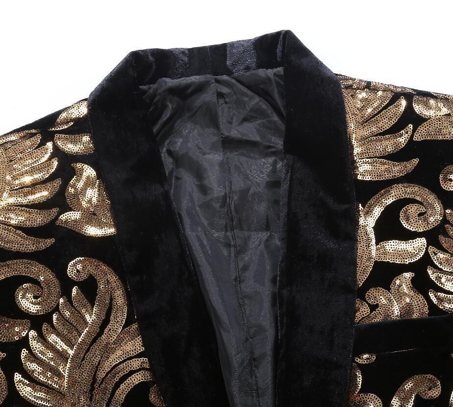 Gold and Black Sequins Velvet Tuxedo Jacket Blazers - Sophisticated Gentlemen