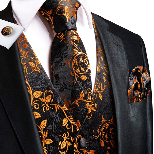 Black and Gold Flowers Vest Set vest set S (Chest 41)   - Sophisticated Gentlemen