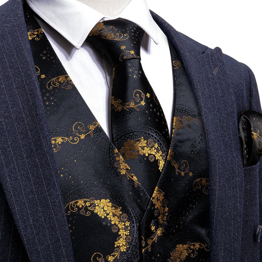 Black and Gold Floral Vest Set vest set S (Chest 41)   - Sophisticated Gentlemen