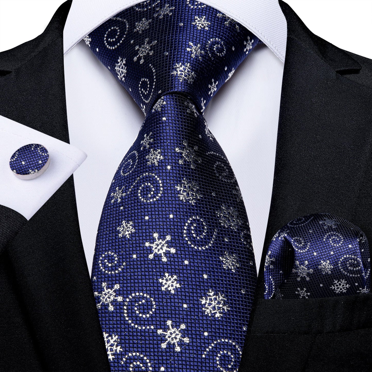 Snowflakes On Blue Tie, Pocket Square and Cufflinks tie sets Standard packaging - Sophisticated Gentlemen