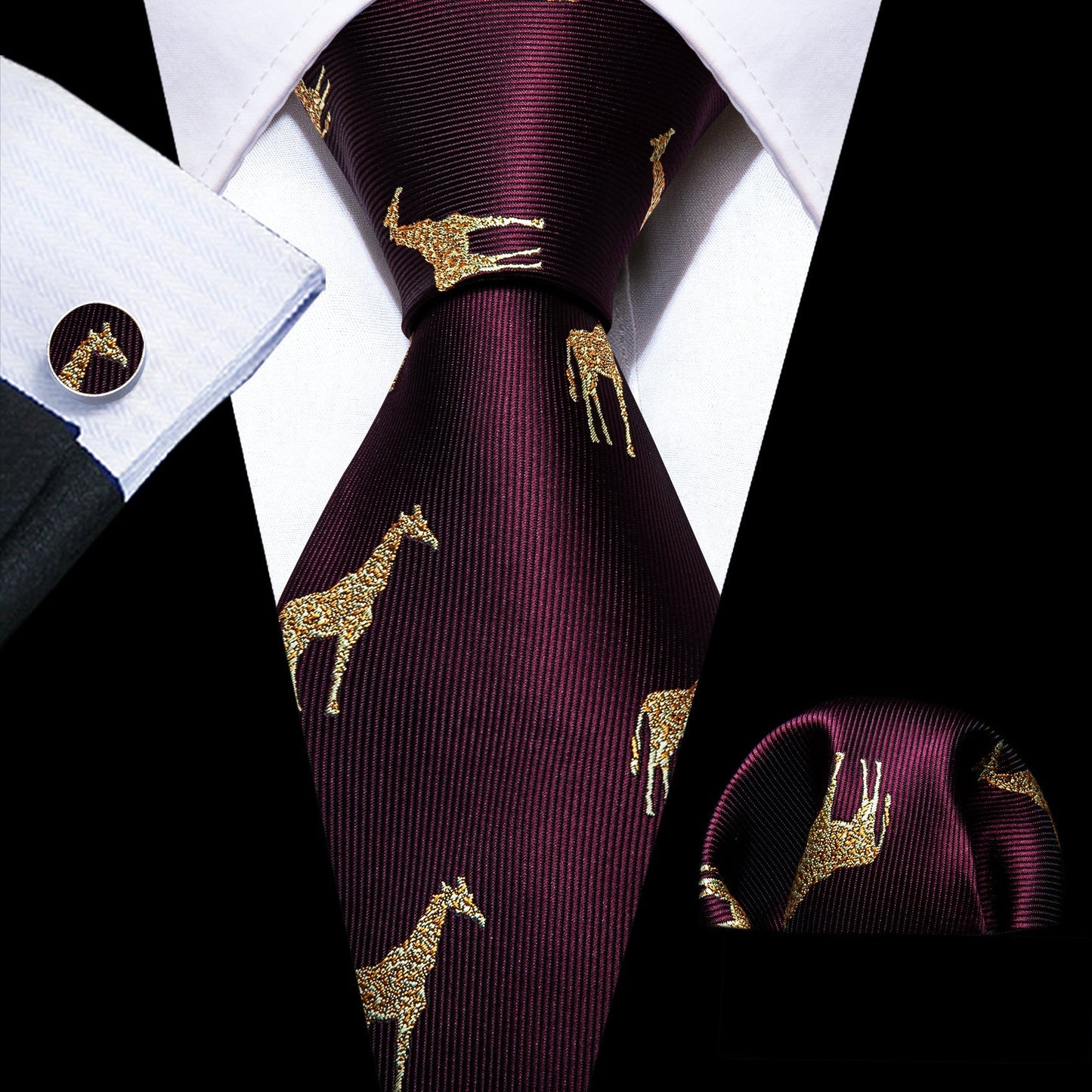 Burgundy Giraffe Silk Tie Set tie set Standard Packaging - Sophisticated Gentlemen