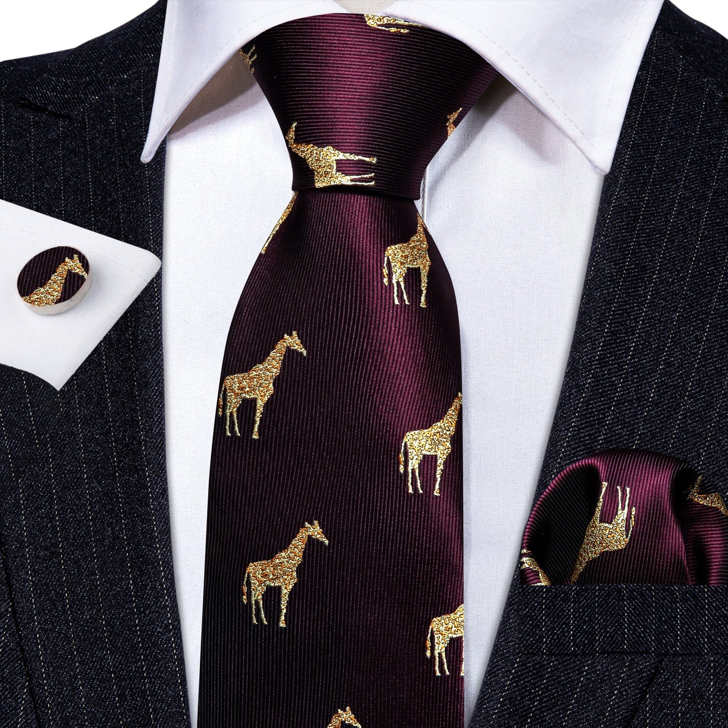 Burgundy Giraffe Silk Tie Set tie set - Sophisticated Gentlemen