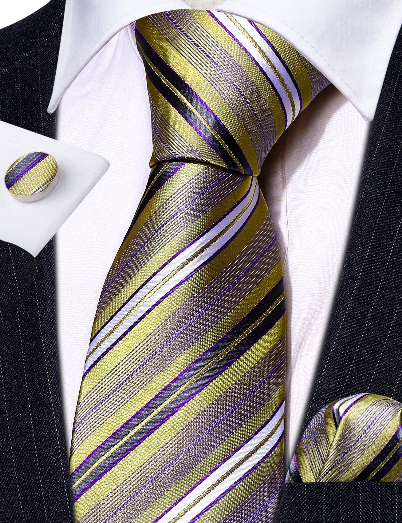 Purple and Gold Striped Silk Tie, Pocket Square and Cufflinks tie sets - Sophisticated Gentlemen