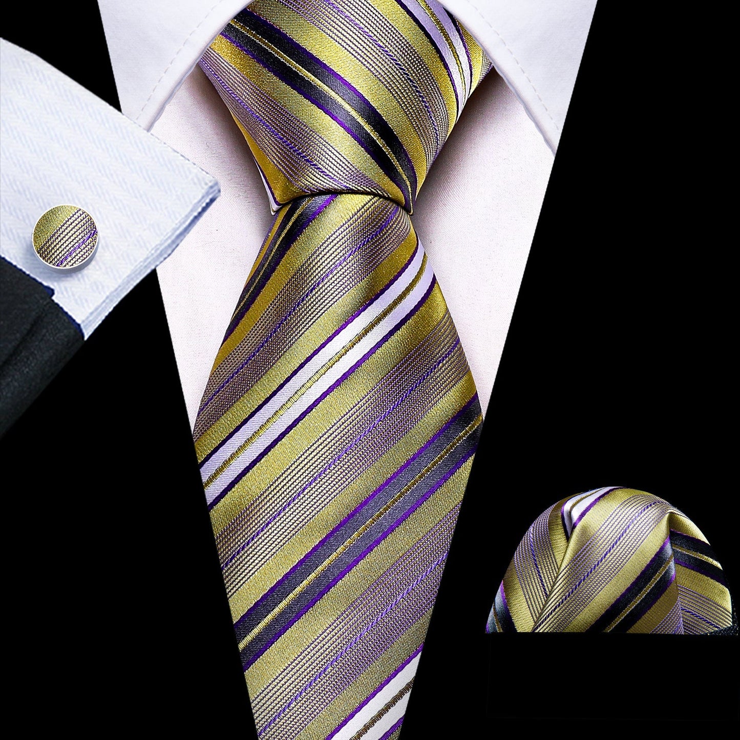 Purple and Gold Striped Silk Tie, Pocket Square and Cufflinks tie sets Standard packaging - Sophisticated Gentlemen