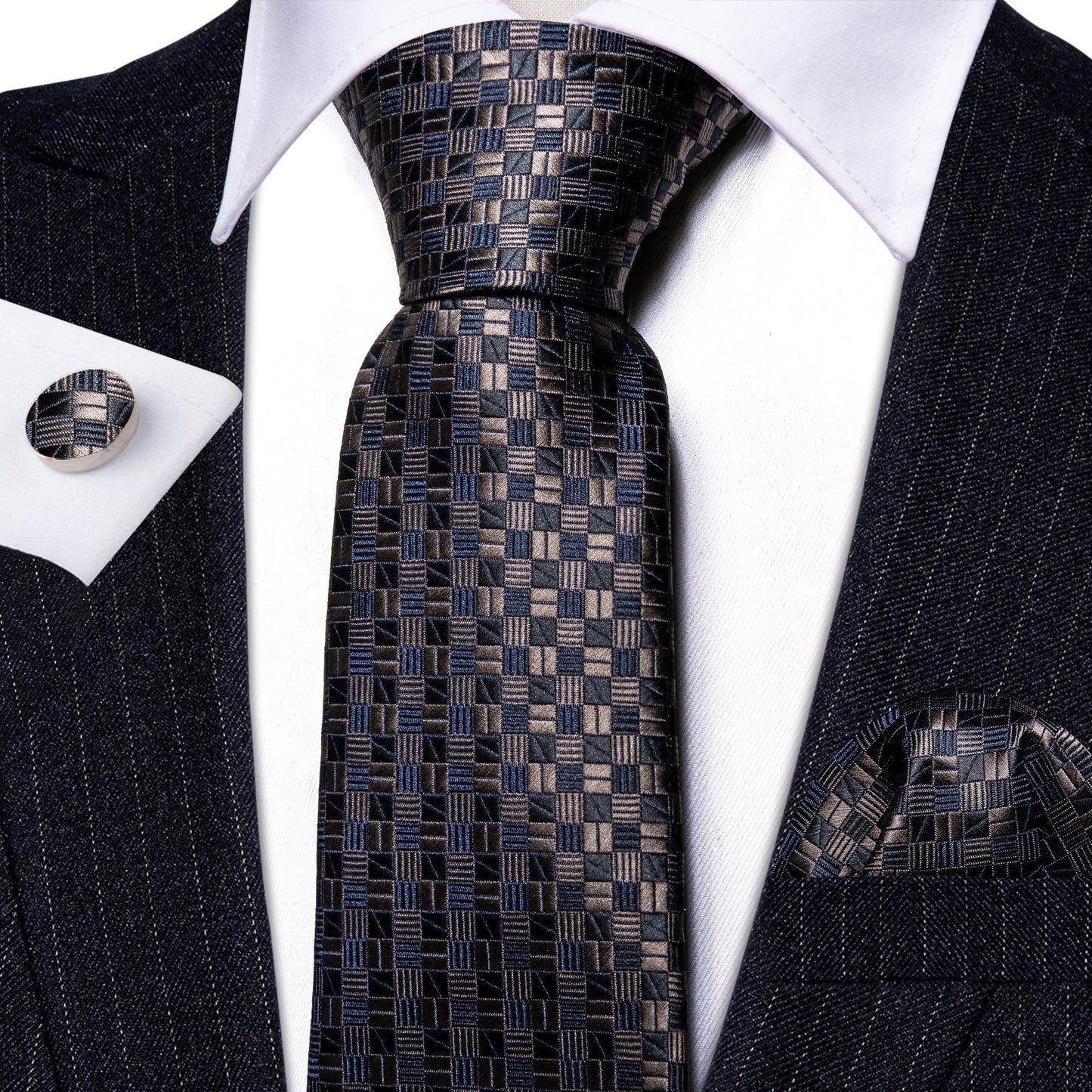 Blue and Brown Plaid Silk Tie, Pocket Square and Cufflinks Set tie sets - Sophisticated Gentlemen