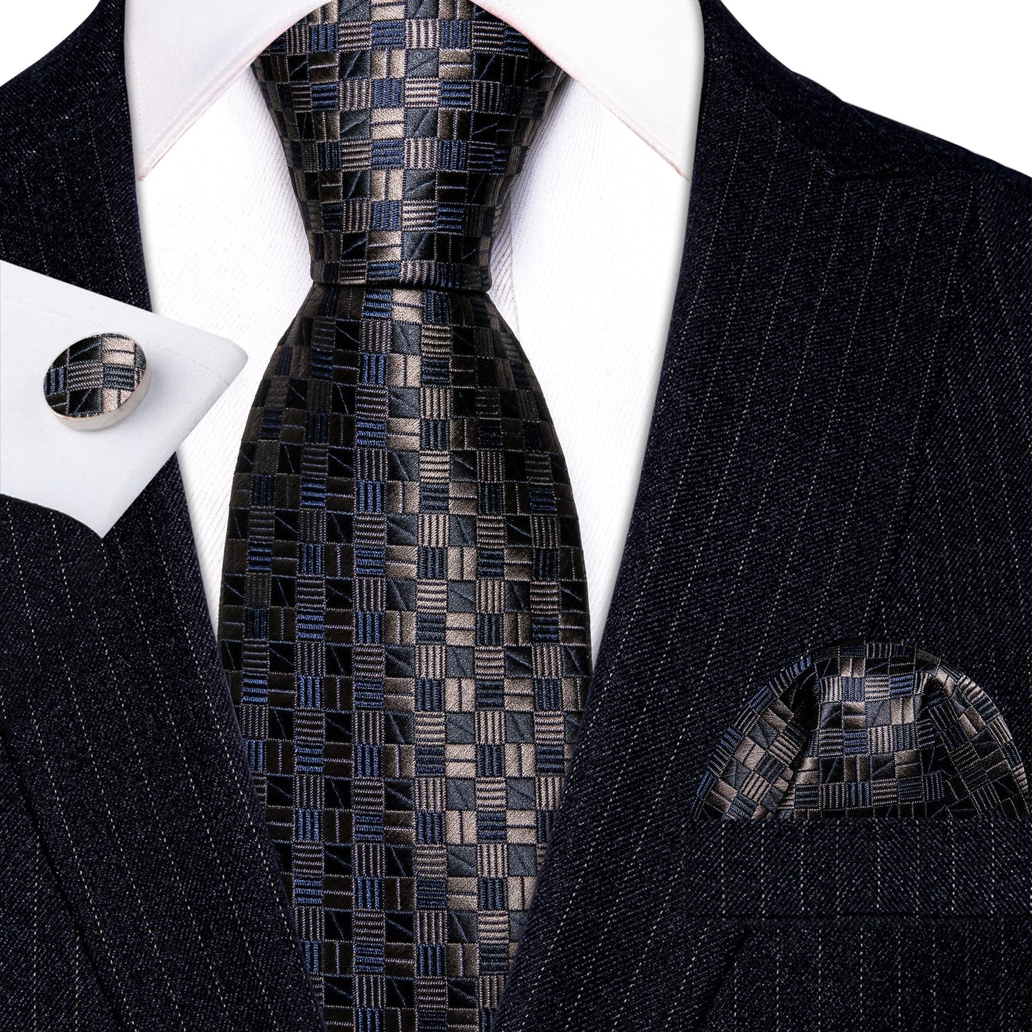 Blue and Brown Plaid Silk Tie, Pocket Square and Cufflinks Set tie sets Standard packaging - Sophisticated Gentlemen