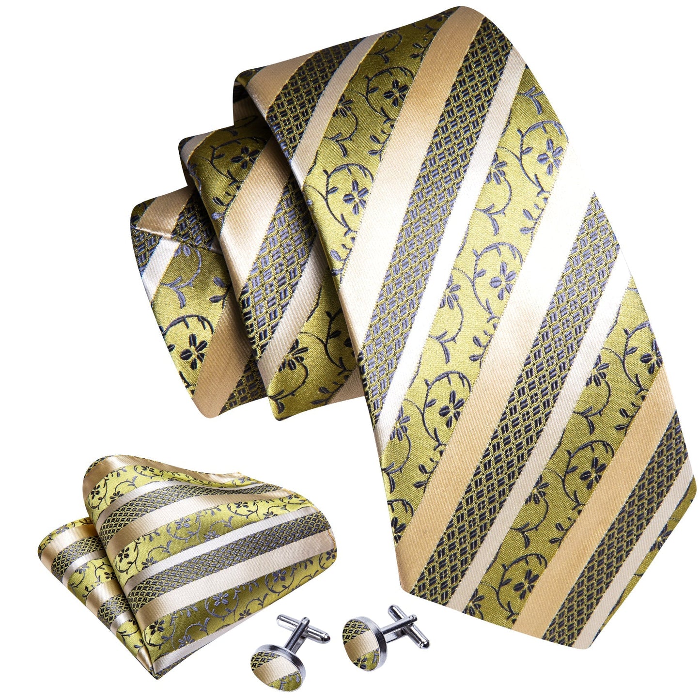 Champagne and Yellow Striped Tie, Pocket Square and Cufflinks tie sets - Sophisticated Gentlemen