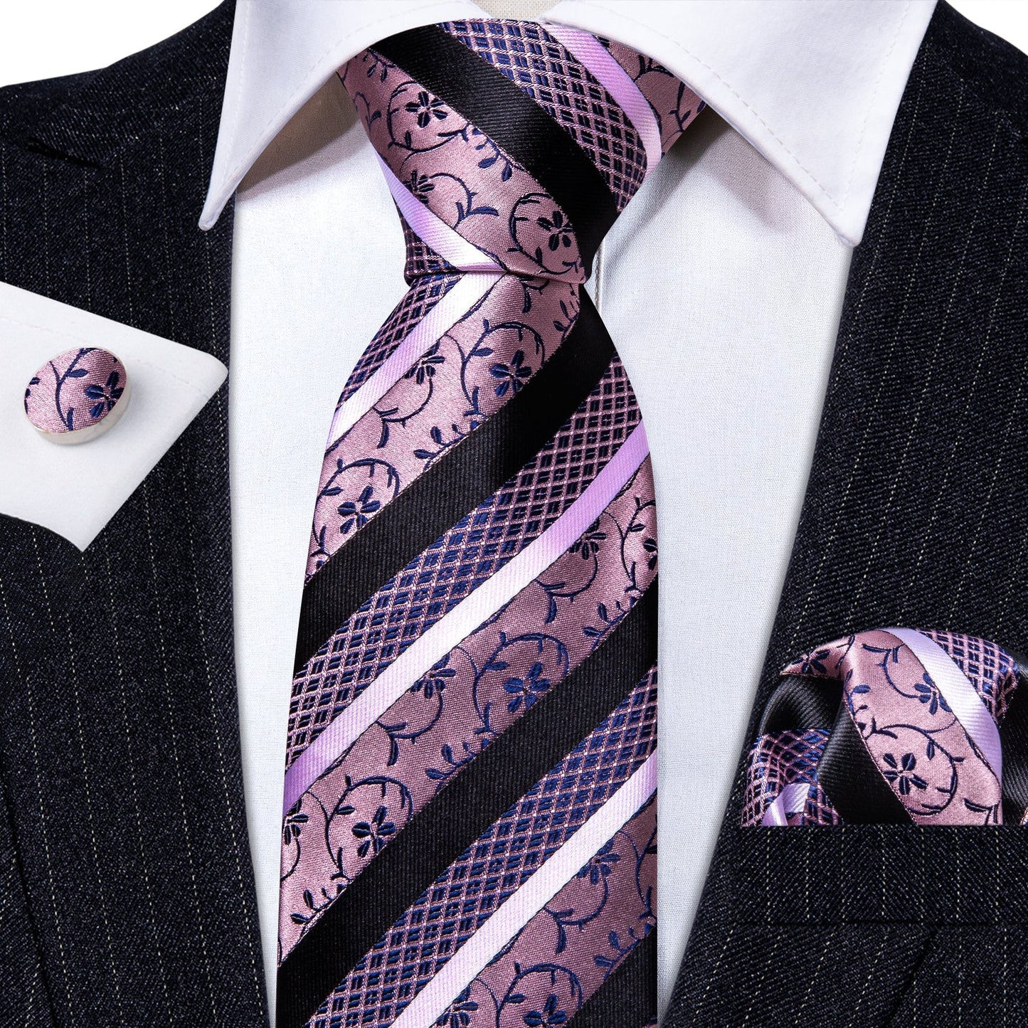 Pink, White and Black Striped Tie, Pocket Square and Cufflinks tie sets - Sophisticated Gentlemen