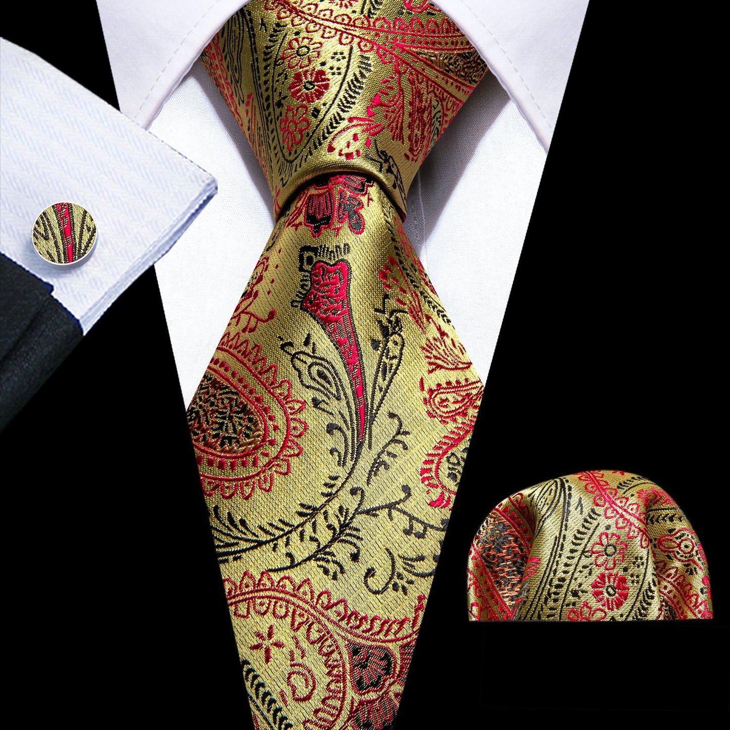 Gold, Red and Black Paisley Tie, Pocket Square and Cufflinks tie sets - Sophisticated Gentlemen