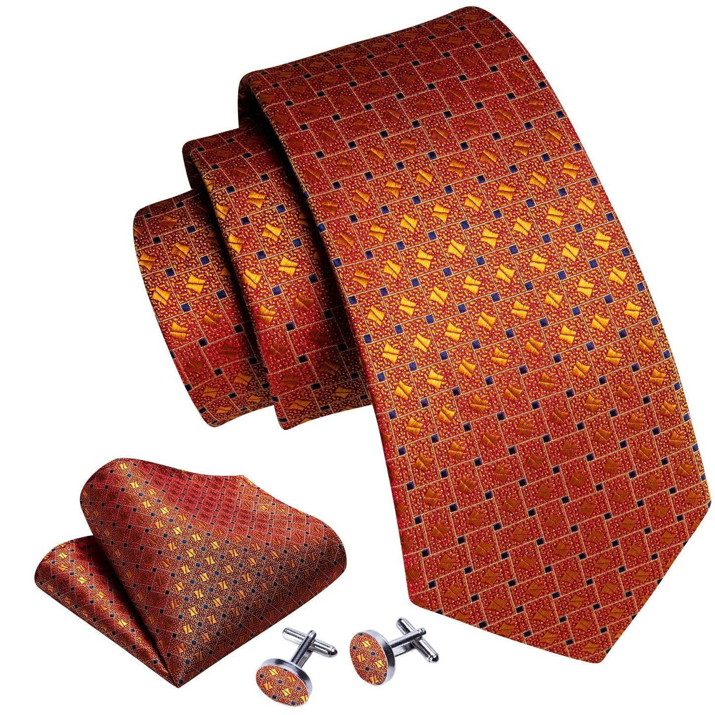 Orange Plaid Tie, Pocket Square and Cufflinks tie sets - Sophisticated Gentlemen
