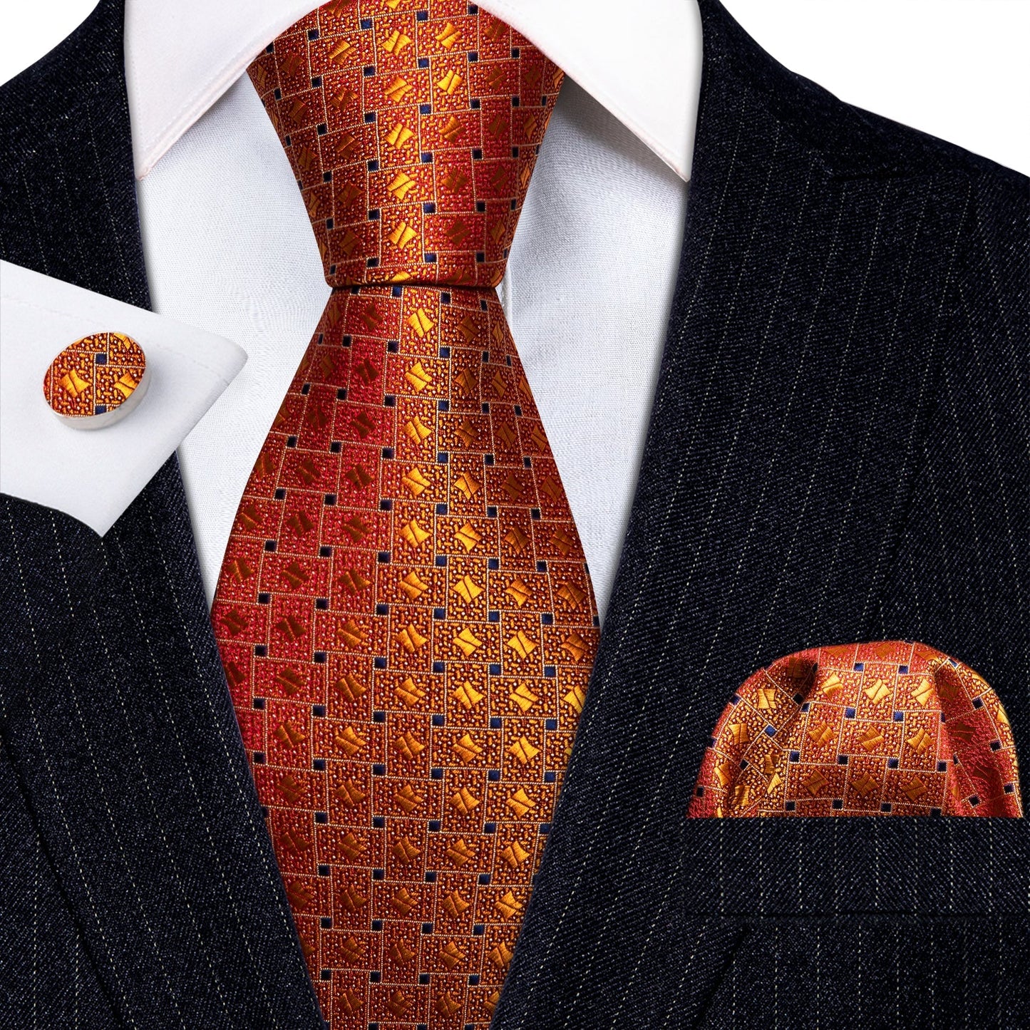 Orange Plaid Tie, Pocket Square and Cufflinks tie sets Standard packaging - Sophisticated Gentlemen