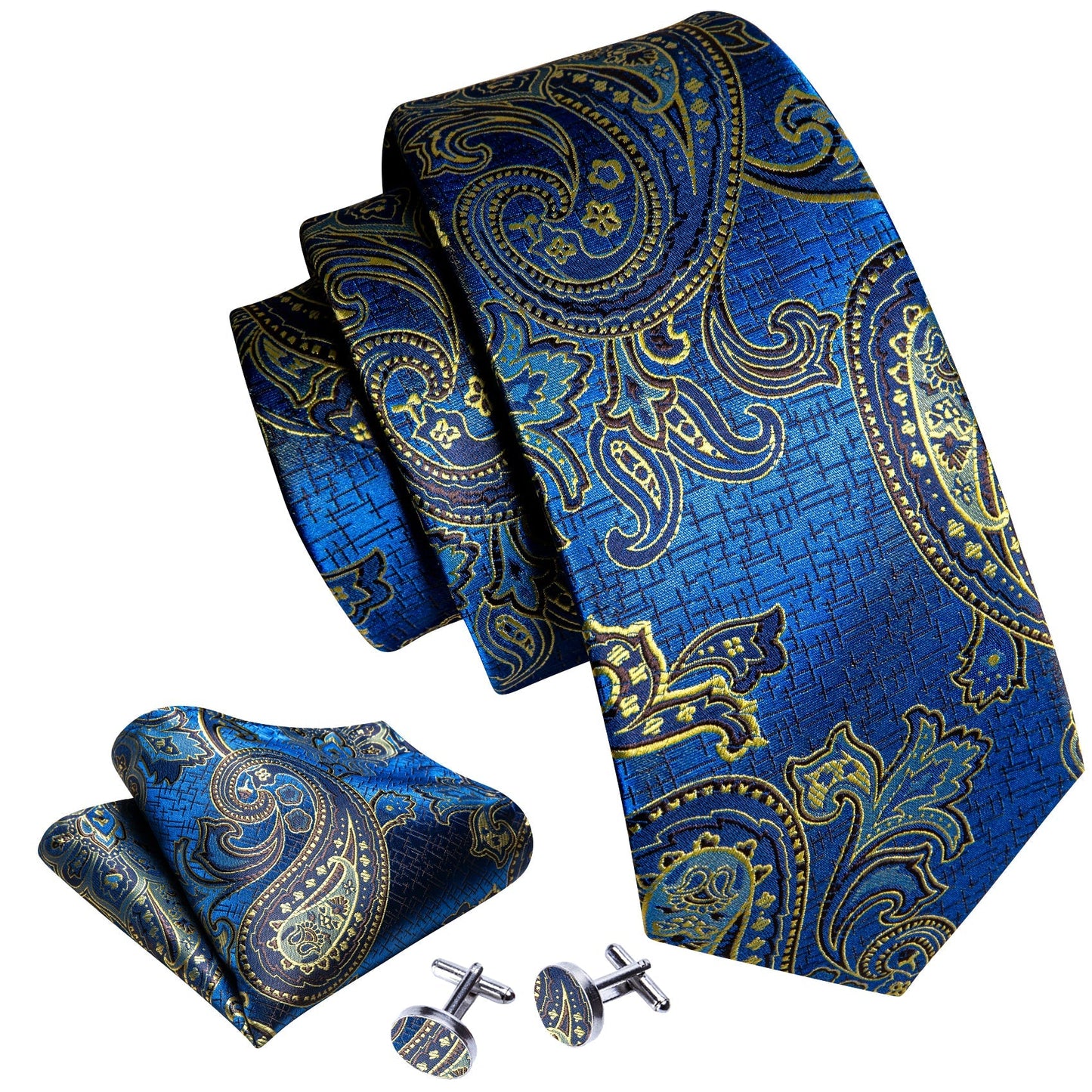 Blue and Champagne Paisley Tie, Pocket Square and Cufflinks tie sets - Sophisticated Gentlemen