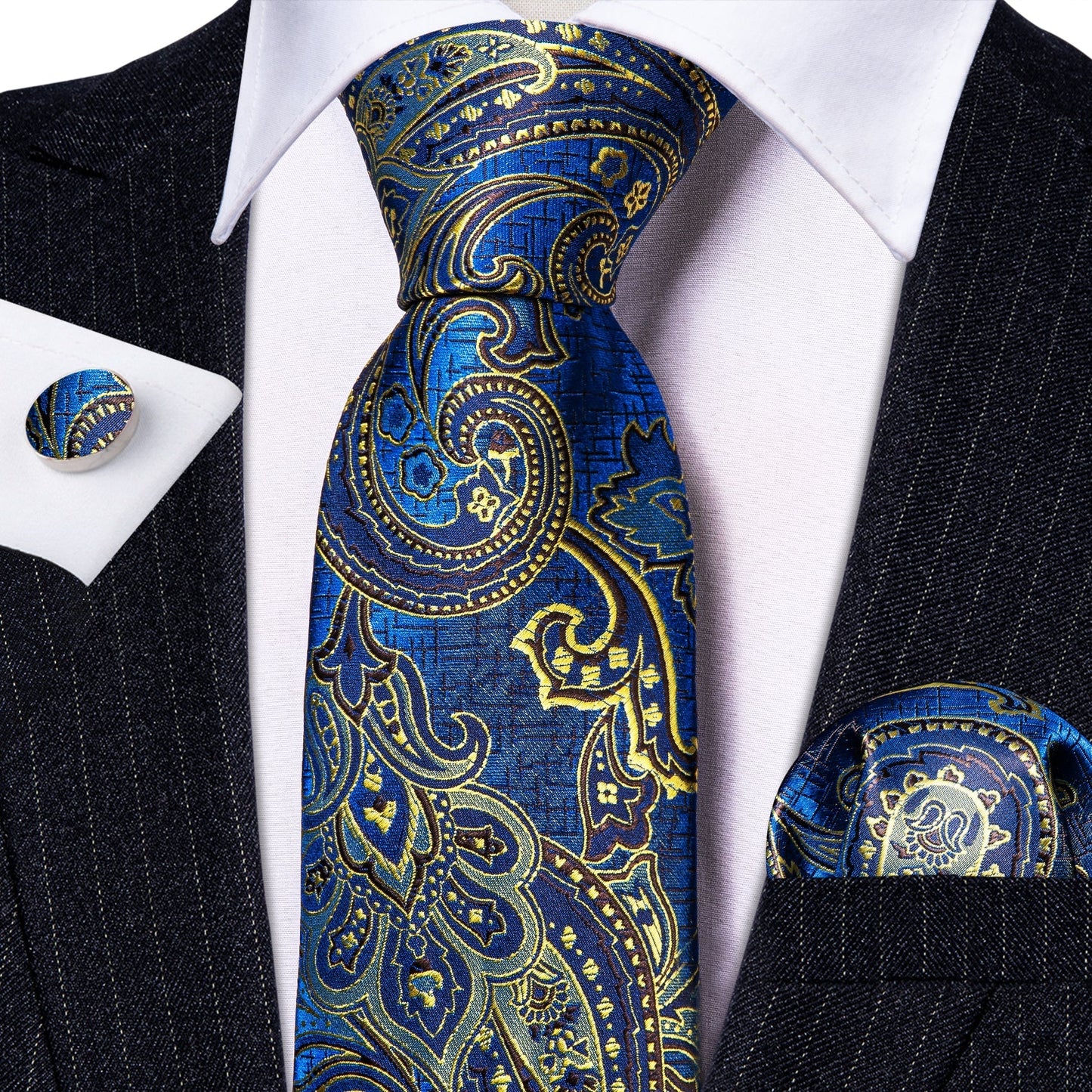Blue and Champagne Paisley Tie, Pocket Square and Cufflinks tie sets - Sophisticated Gentlemen