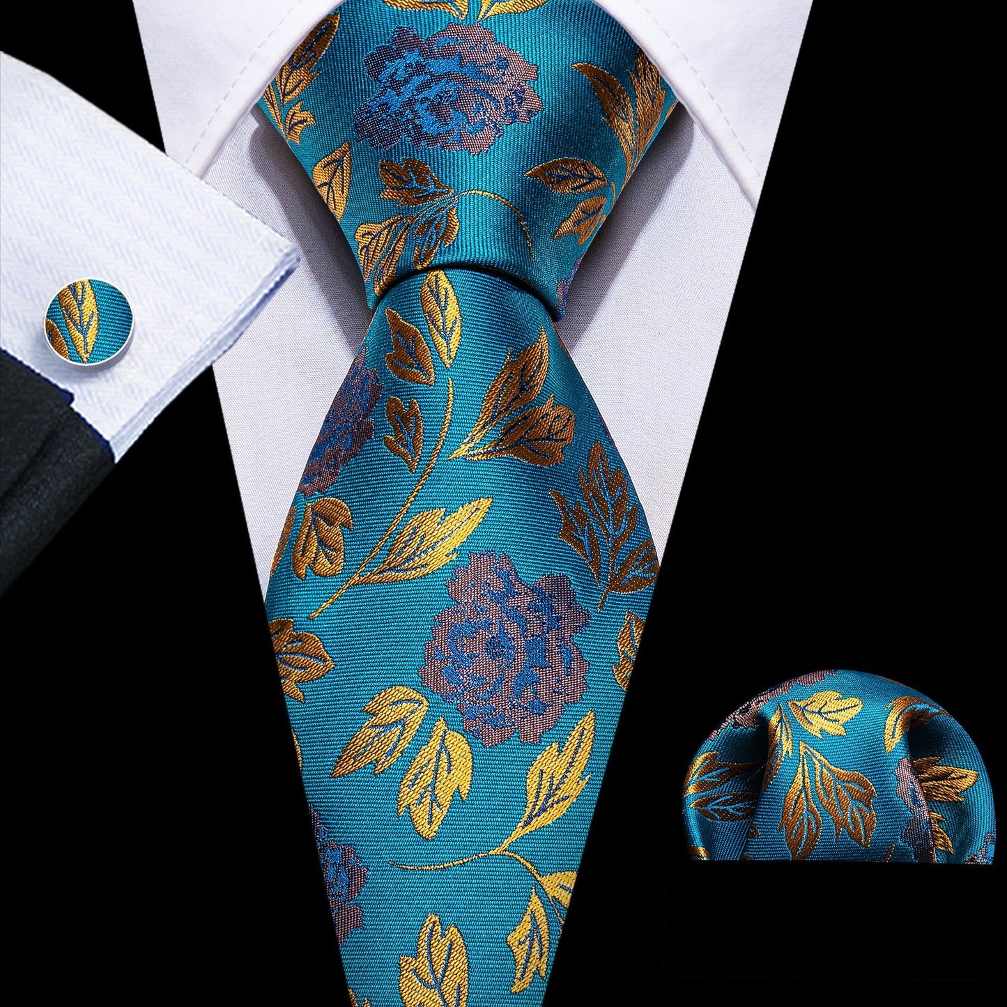 Teal and Gold Floral Silk Tie, Pocket Square and Cufflinks Set tie sets Standard packaging - Sophisticated Gentlemen