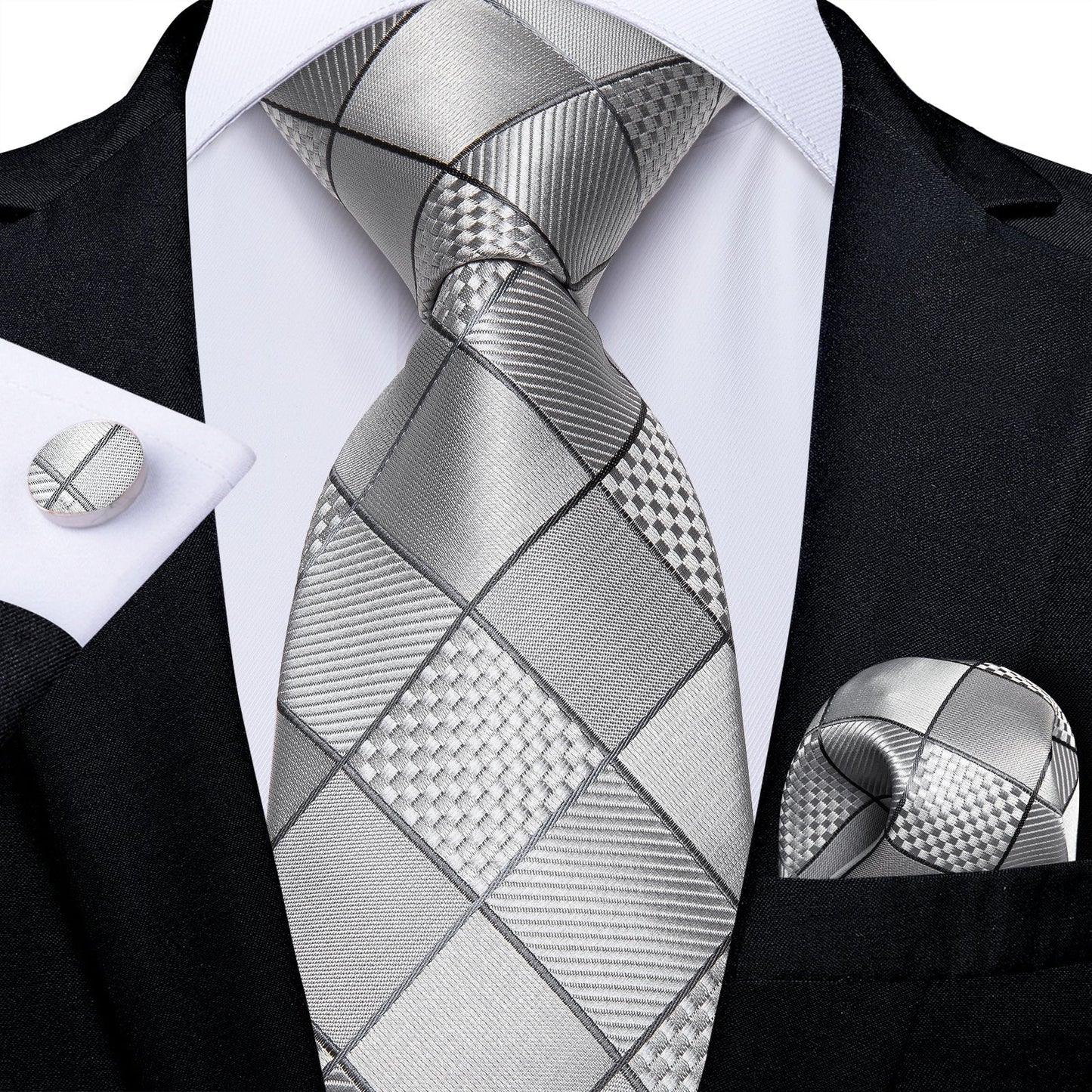 Silver Squares Tie Set tie sets Standard packaging   - Sophisticated Gentlemen