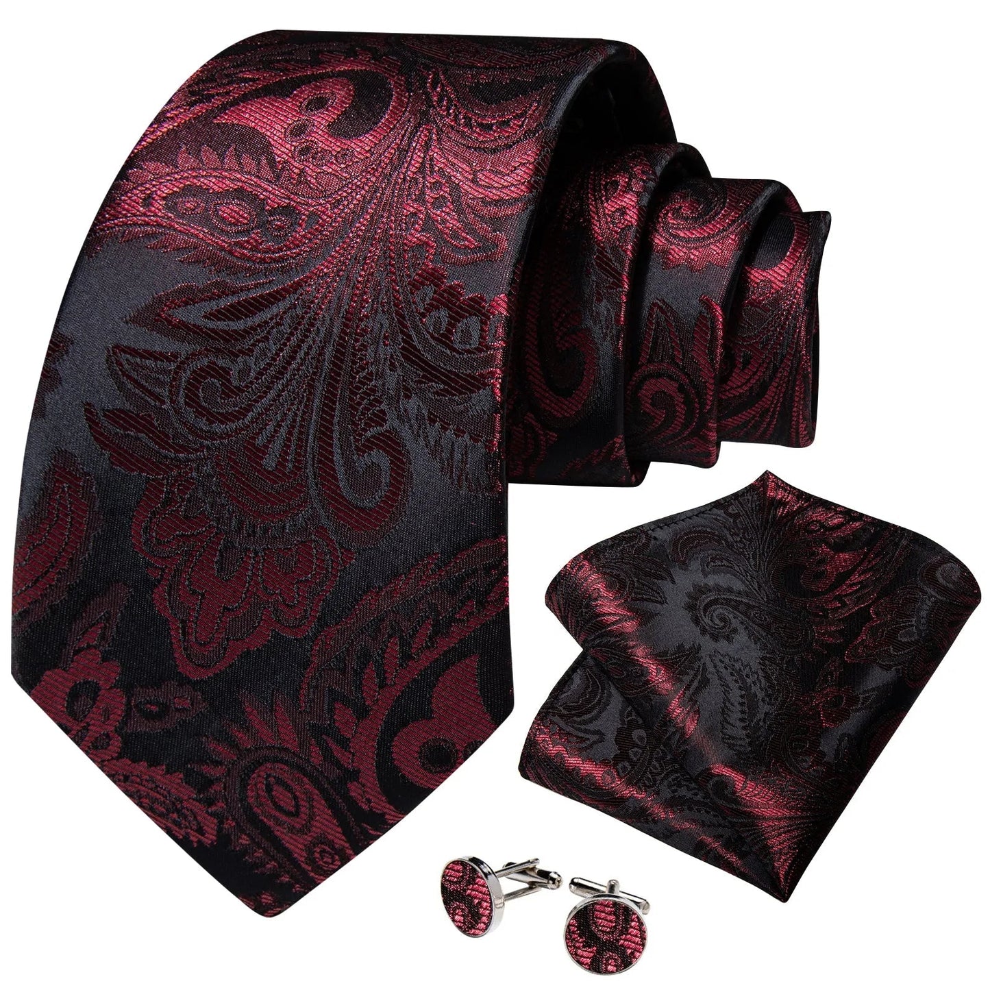 Red and Black Silk Tie, Pocket Square and Cufflinks tie sets - Sophisticated Gentlemen