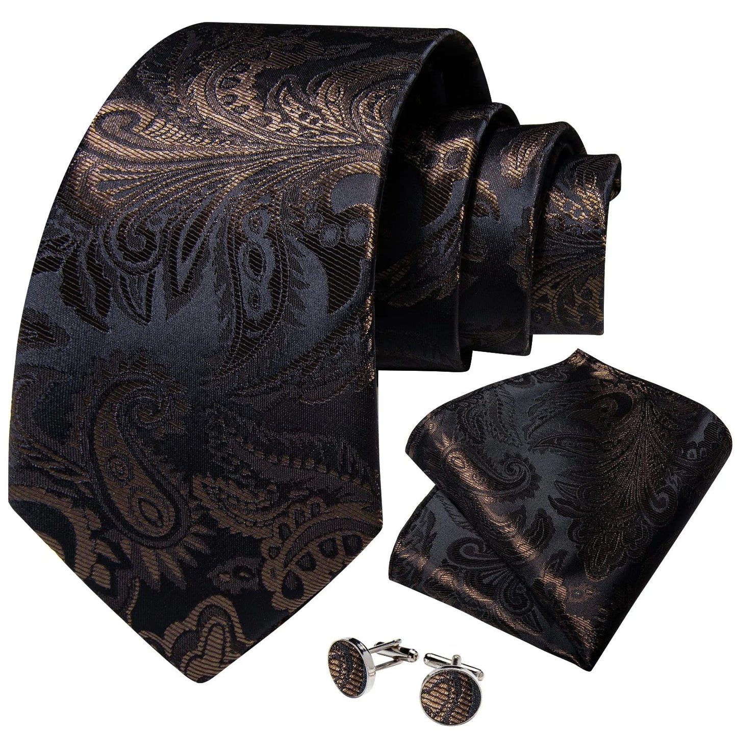 Brown and Black Silk Tie, Pocket Square and Cufflinks tie sets - Sophisticated Gentlemen