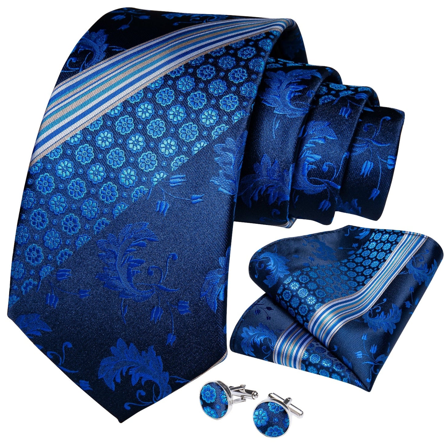 Sleeping Daisies Striped Tie, Pocket Square and Cufflinks tie sets - Sophisticated Gentlemen