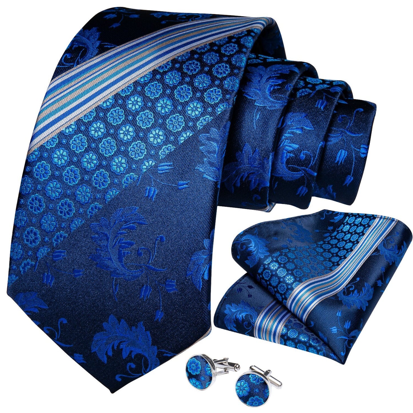 Blue Floral Striped Tie, Pocket Square and Cufflinks tie sets - Sophisticated Gentlemen