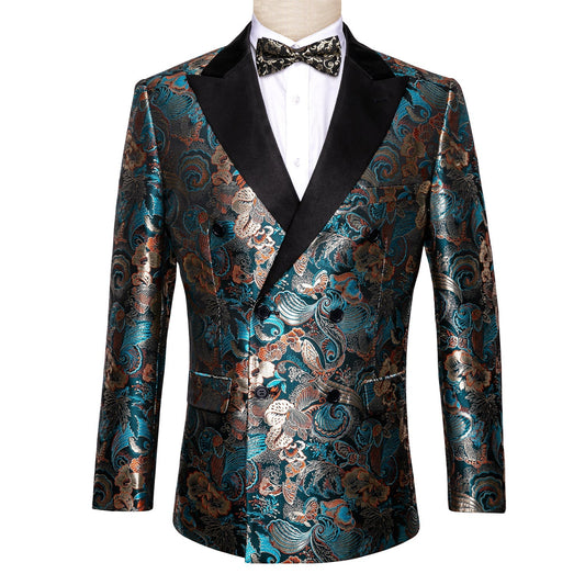 Floral Blue & Gold Double Breasted Tuxedo Jacket tuxedo S   - Sophisticated Gentlemen
