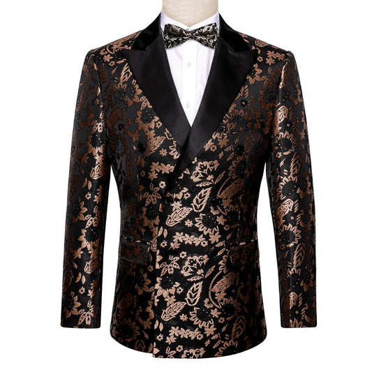 Floral Black & Brown Double Breasted Tuxedo Jacket tuxedo S (38)   - Sophisticated Gentlemen