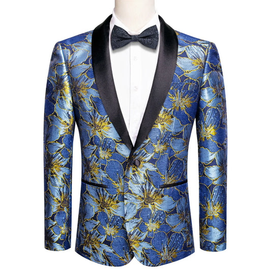 Blue and Yellow Embroidered Floral Tuxedo Jacket tuxedo S (38)   - Sophisticated Gentlemen