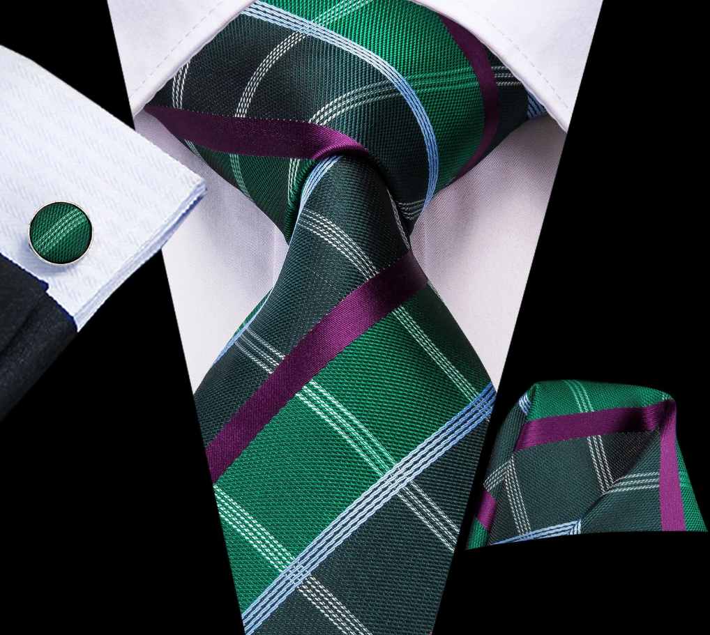 Different Green Paid Tie, Pocket Square and Cufflinks tie sets Standard packaging - Sophisticated Gentlemen