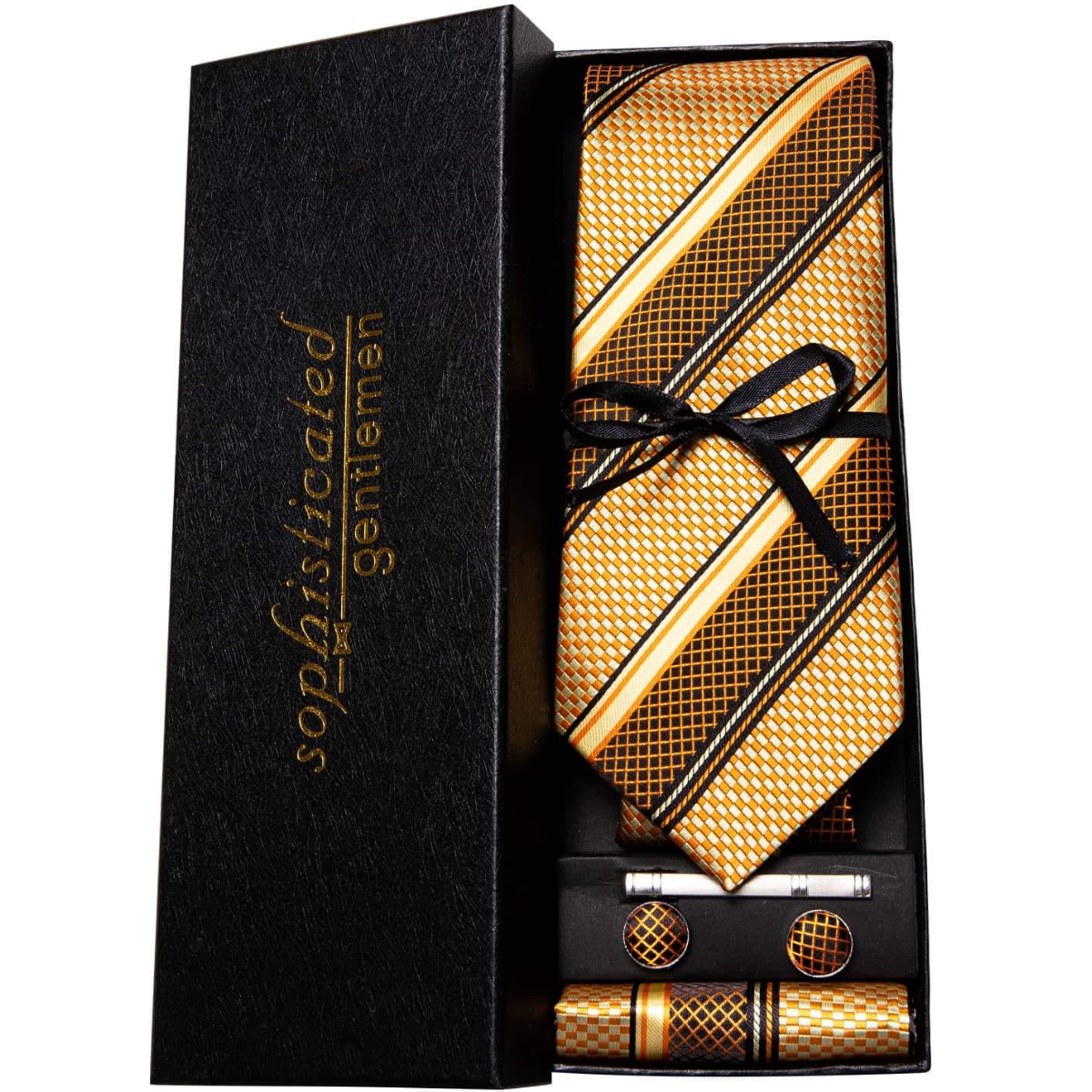 Champagne and Yellow Striped Tie, Pocket Square and Cufflinks tie sets Luxury Gift Box - Sophisticated Gentlemen