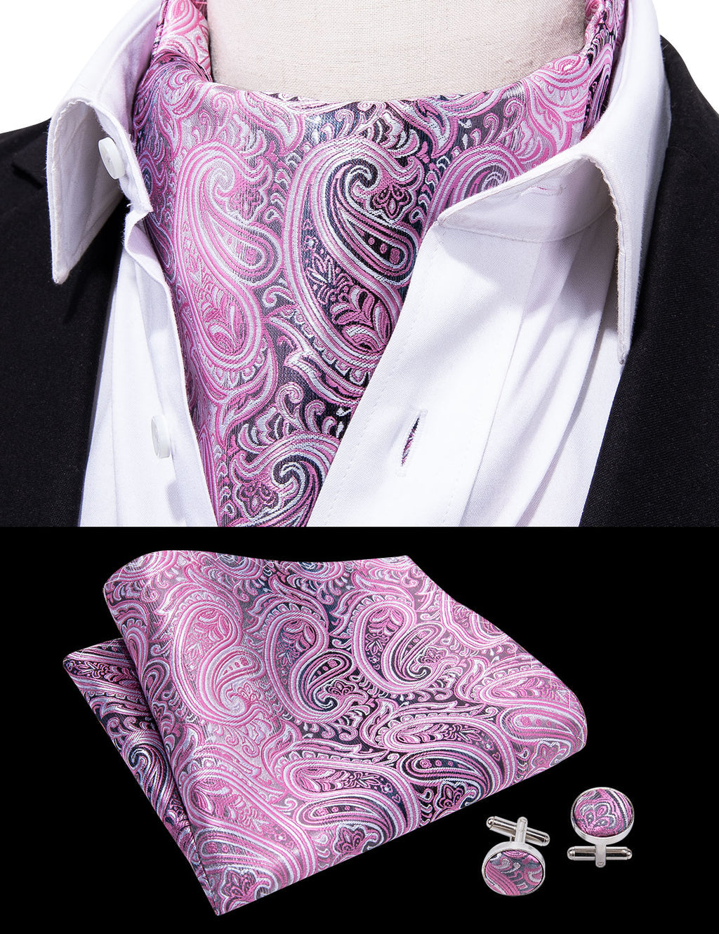 Pink Paisley Ascot, Pocket Square and Cufflinks ascot    - Sophisticated Gentlemen