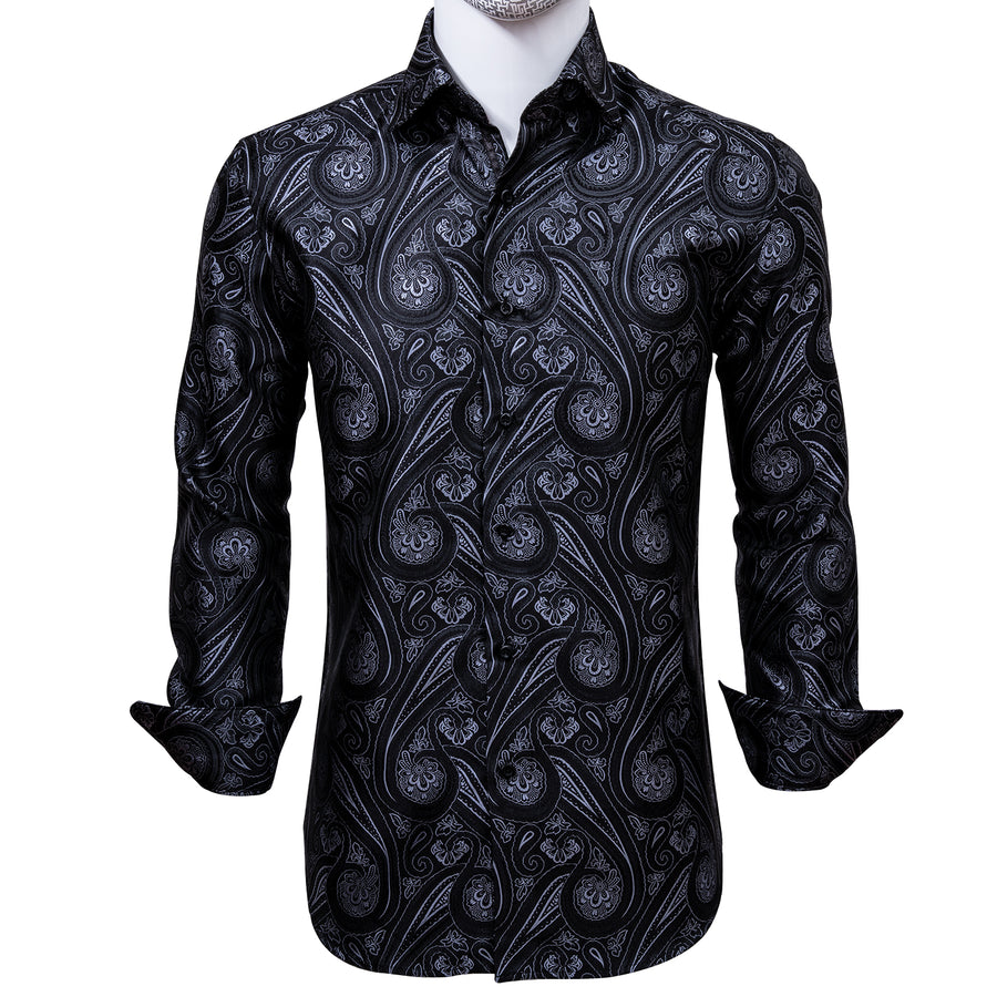 Black and White Paisley Silk Dress Shirt shirt    - Sophisticated Gentlemen