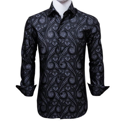 Black and White Paisley Silk Dress Shirt shirt    - Sophisticated Gentlemen