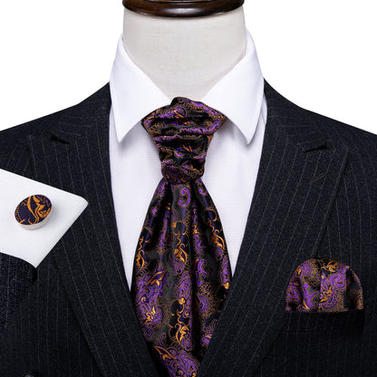 Purple Golden Novelty Paisley Ascot, Pocket Square and Cufflinks ascot    - Sophisticated Gentlemen
